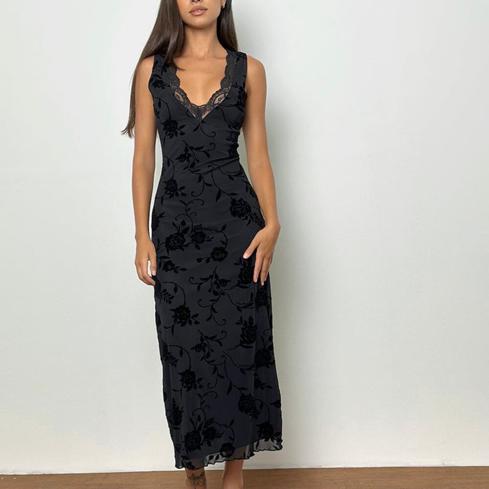 Motel Rocks Saga Midi Dress in Rose Flock Black S